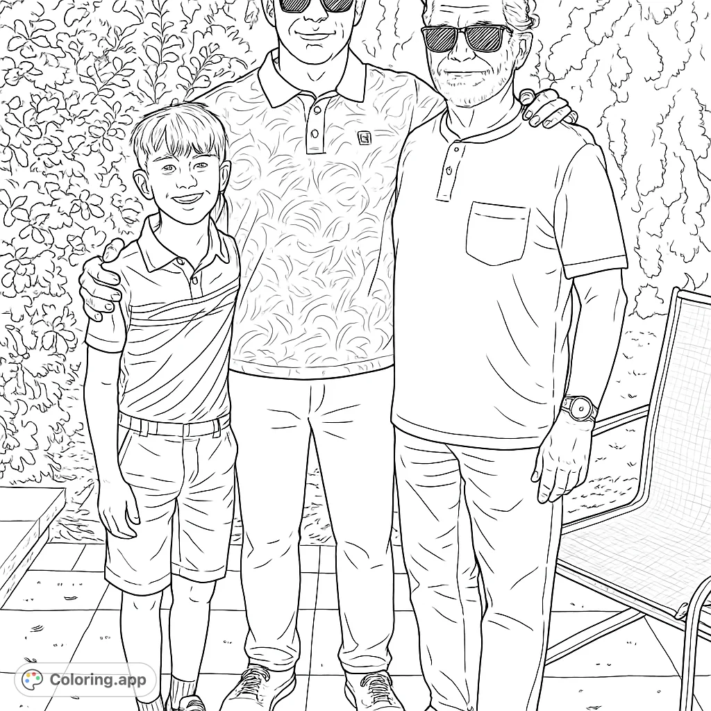 Capture family bonds with this three generations portrait coloring page. Perfect for all ages, featuring detailed figures and an outdoor setting.