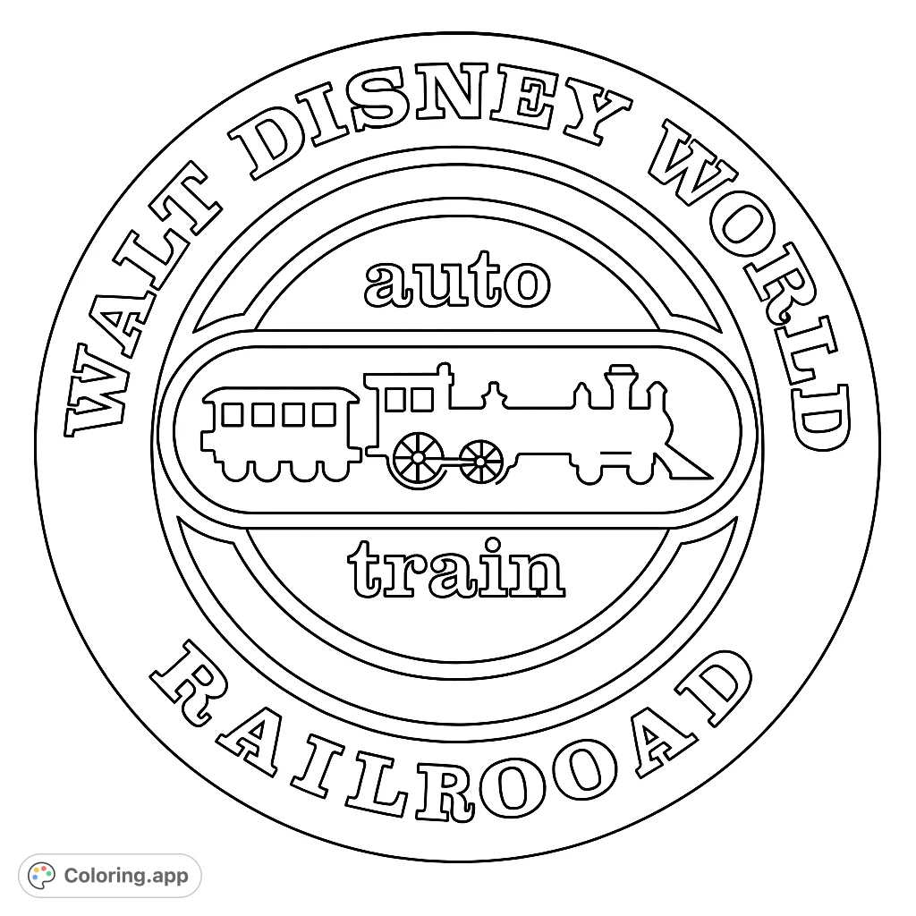 Color a classic Walt Disney World Railroad emblem featuring a vintage steam train and passenger car, surrounded by iconic text. A nostalgic journey awaits!