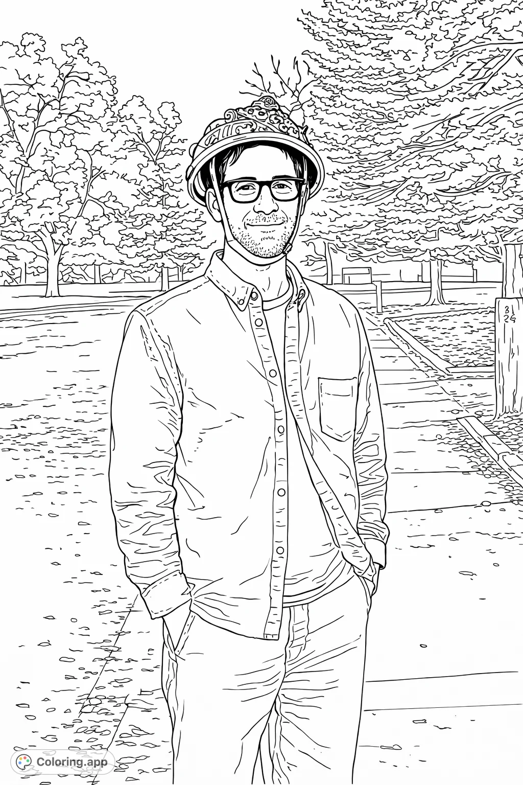 A friendly man sporting a whimsical, creatively decorated helmet stands outdoors, offering a unique and engaging scene for a fun coloring experience.