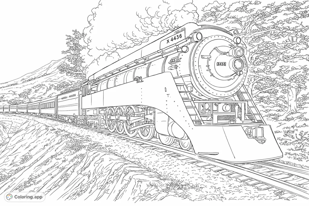 Embark on an epic rail adventure! A powerful streamlined locomotive pulls its passenger cars through majestic mountains and over a grand stone bridge, ready for your creative touch.