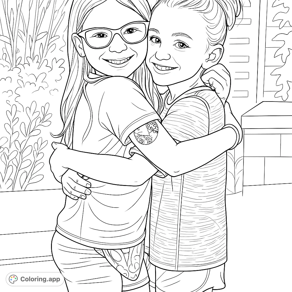 A heartwarming scene of two smiling girls embracing, perfect for a friendship coloring page. Celebrate connection and joy.