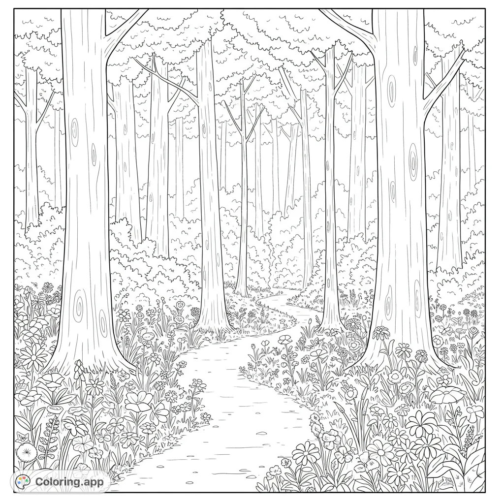 Explore a tranquil woods scene with towering trees, scattered wild flowers, and a winding hidden path. A peaceful nature escape.