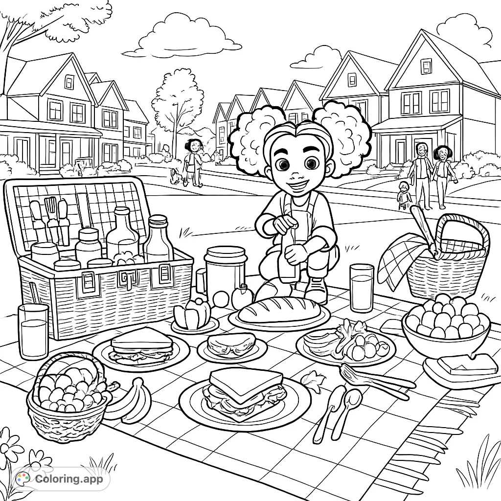 Join a cheerful character for a delightful picnic on a sunny day. This free printable coloring page features a detailed spread of food and a charming suburban setting.