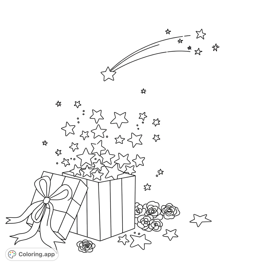 A magical scene with stars spilling from a gift box and a shooting star across the sky. Perfect for a whimsical coloring adventure.