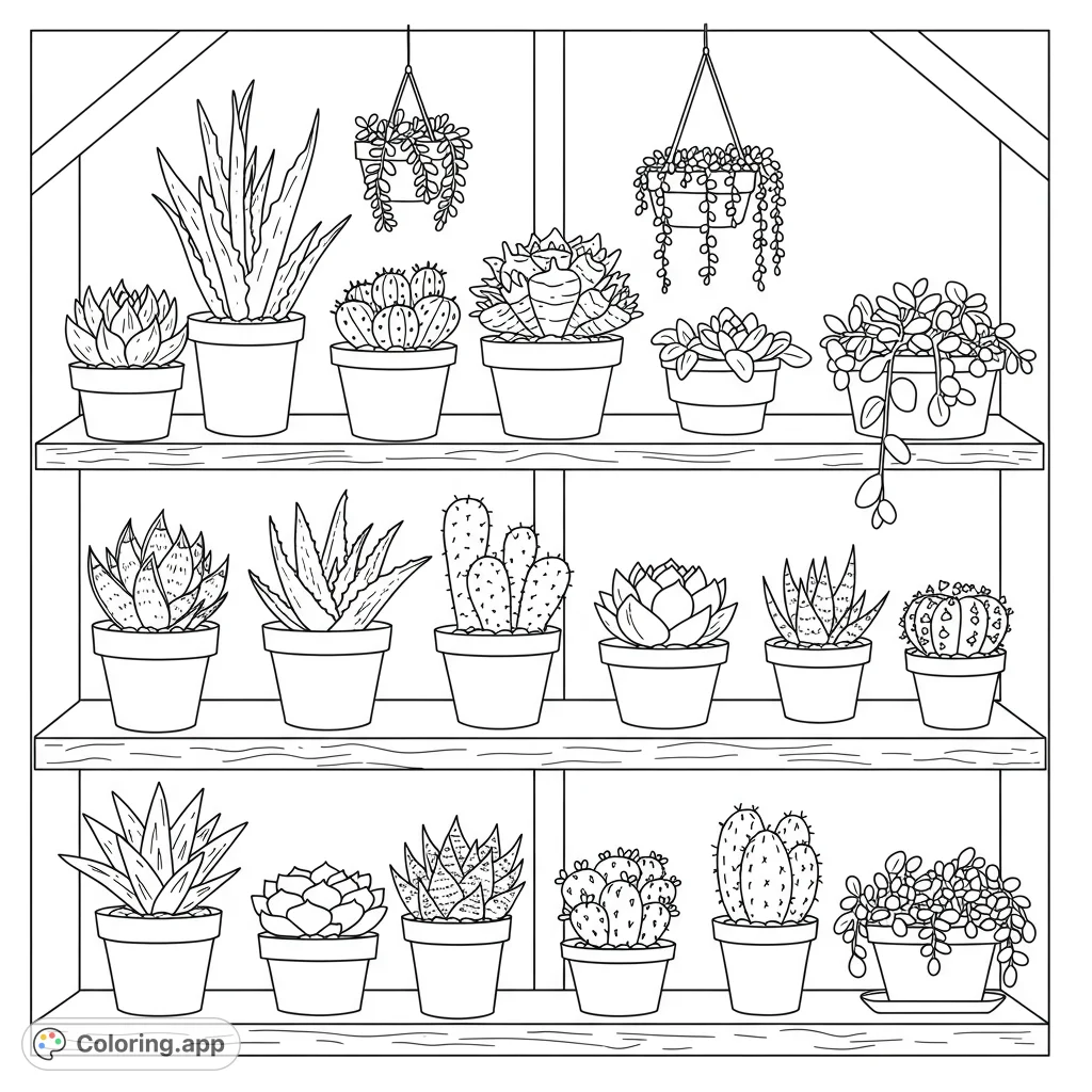 Explore a detailed succulent greenhouse display featuring various plants like Agave, Aloe Vera, and Bunny Succulents on rustic wooden shelves, perfect for botanical enthusiasts.