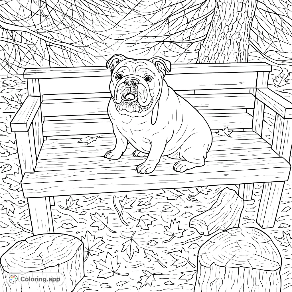 A charming bulldog sits patiently on a rustic wooden bench amidst fallen leaves and tree stumps, ready for a creative splash of color.