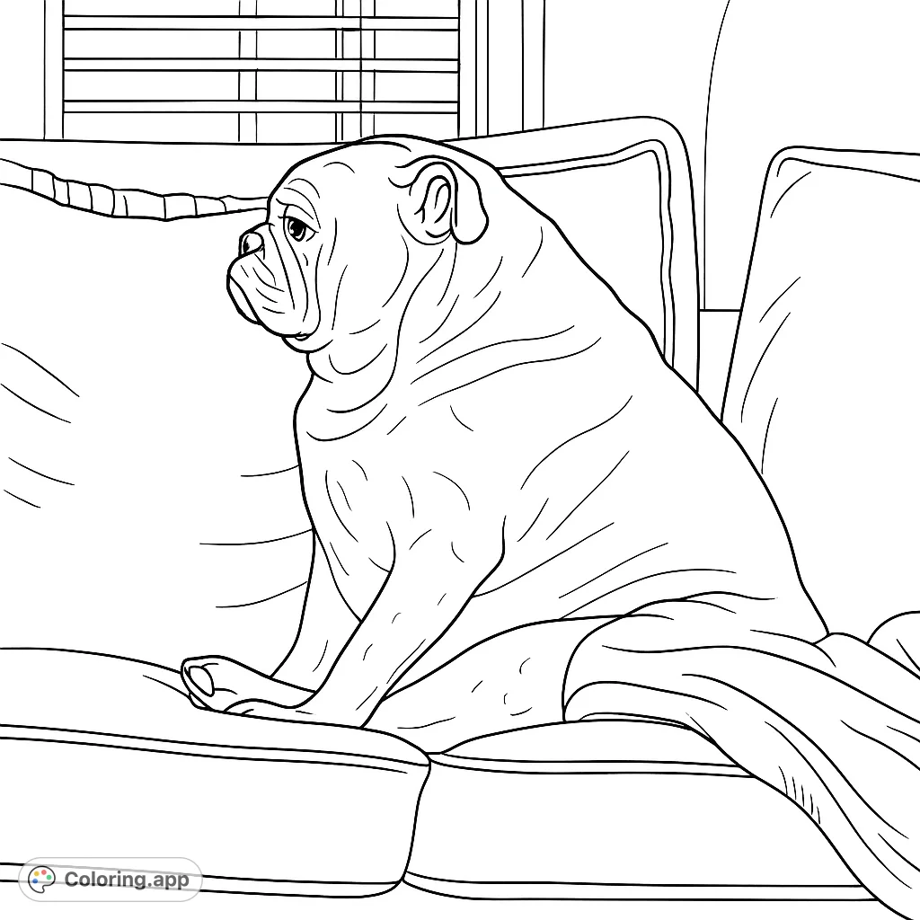 A charming bulldog sits comfortably on a plush sofa with a decorative pillow and blanket, offering a delightful scene for animal lovers to color.