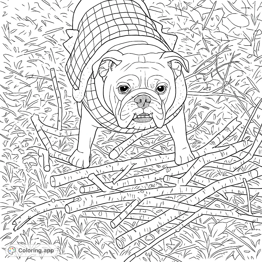 A charming bulldog in a cozy plaid jacket, surrounded by a pile of sticks, ready for a fun coloring adventure. Perfect for dog lovers!