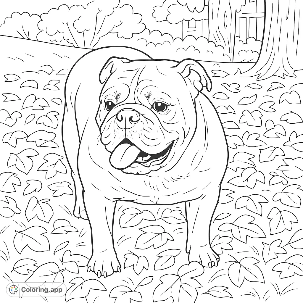A delightful bulldog stands amidst a carpet of fallen leaves, its expressive face and sturdy build captured in a charming autumn scene. Perfect for animal lovers!
