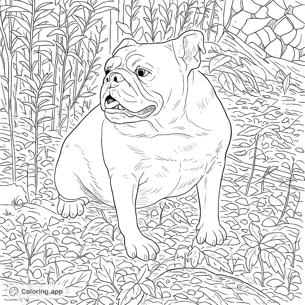 A delightful bulldog sits amidst a natural setting with textured ground, foliage, and a log pile, perfect for detailed coloring.