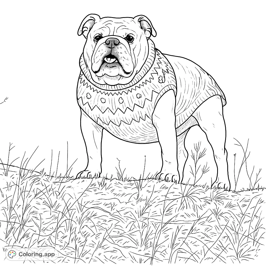 A charming bulldog in a patterned sweater stands proudly on a grassy hill, ready for a cozy coloring adventure. Perfect for pet lovers!