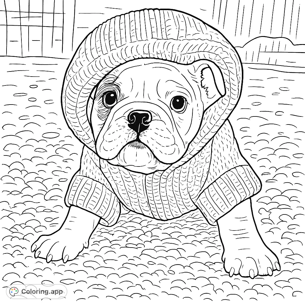 An adorable bulldog puppy in a cozy knitted sweater, sitting on a textured carpet. A charming free printable puppy coloring page for all ages.