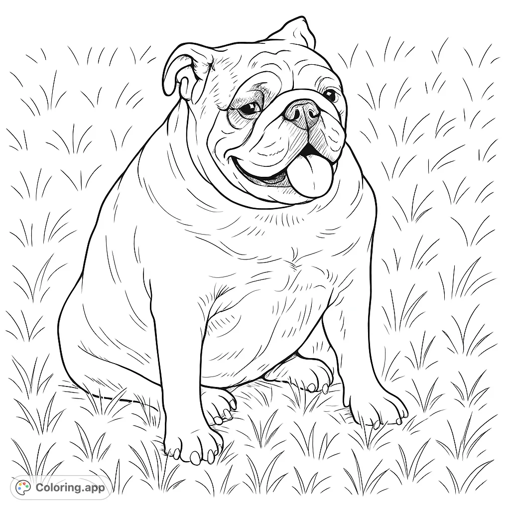 A charming bulldog sits happily in a grassy field, tongue out and a joyful expression. Perfect for dog lovers and animal enthusiasts.