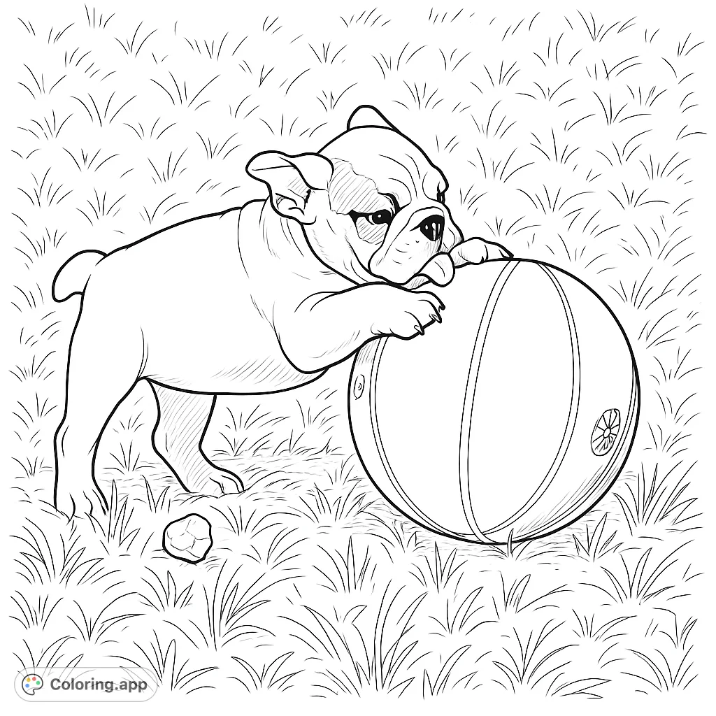 An adorable bulldog puppy rests its paws on a basketball, ready for fun. A charming free printable puppy coloring page for animal and sports lovers.
