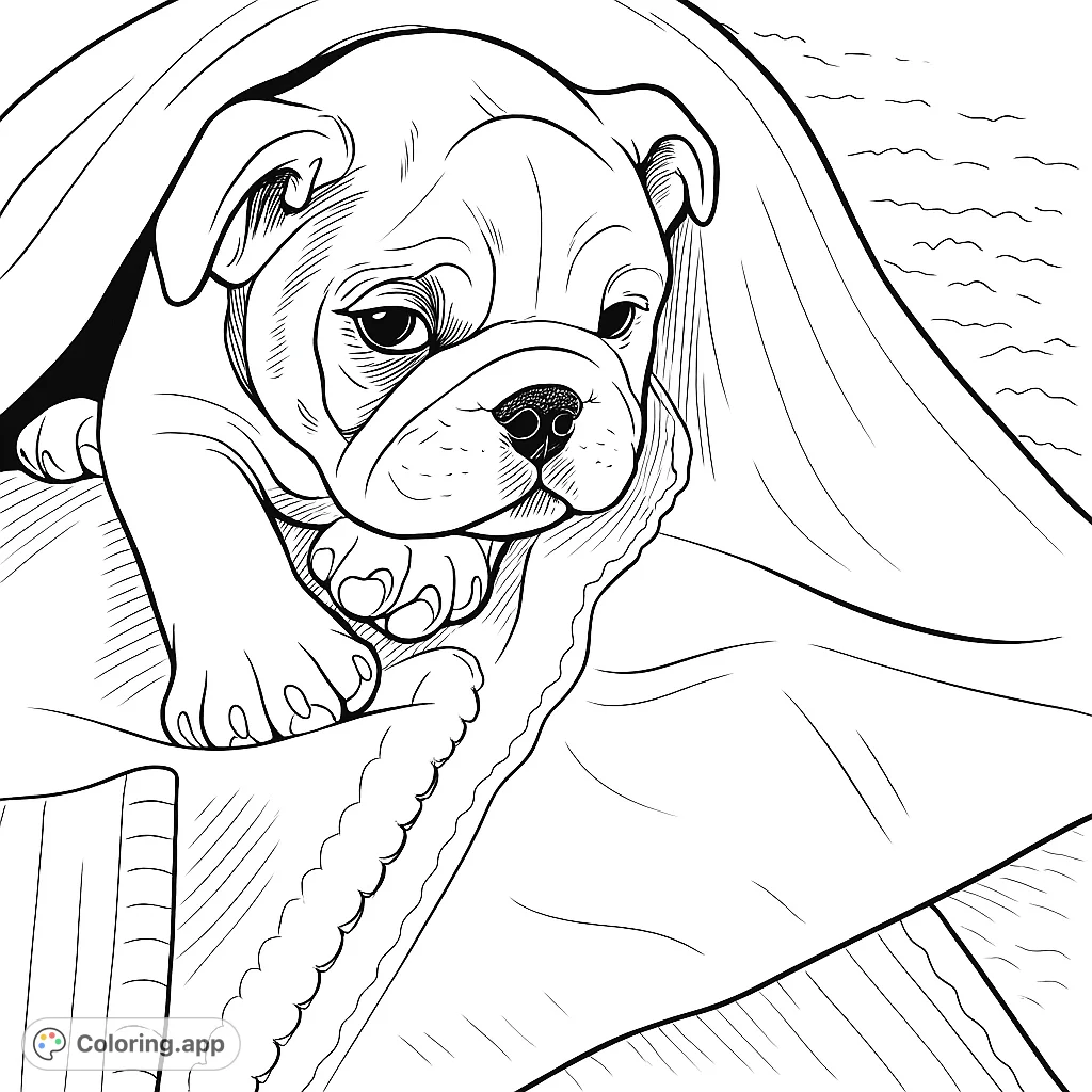 A heartwarming snuggly bulldog puppy coloring page, perfect for animal lovers. Features a cute puppy nestled in a soft blanket, ready for your creative touch.