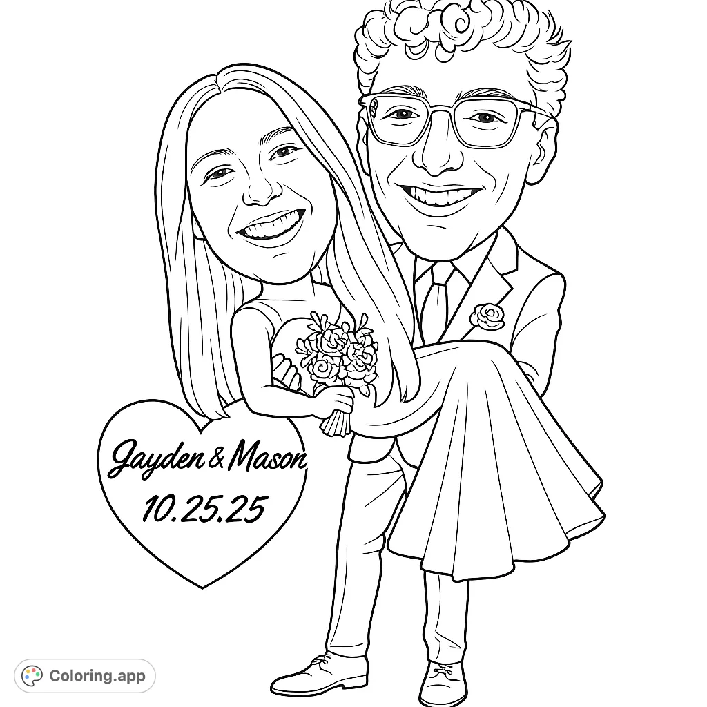 Celebrate love with this unique wedding couple caricature coloring page. Features a groom carrying his bride, perfect for personalizing special occasions.