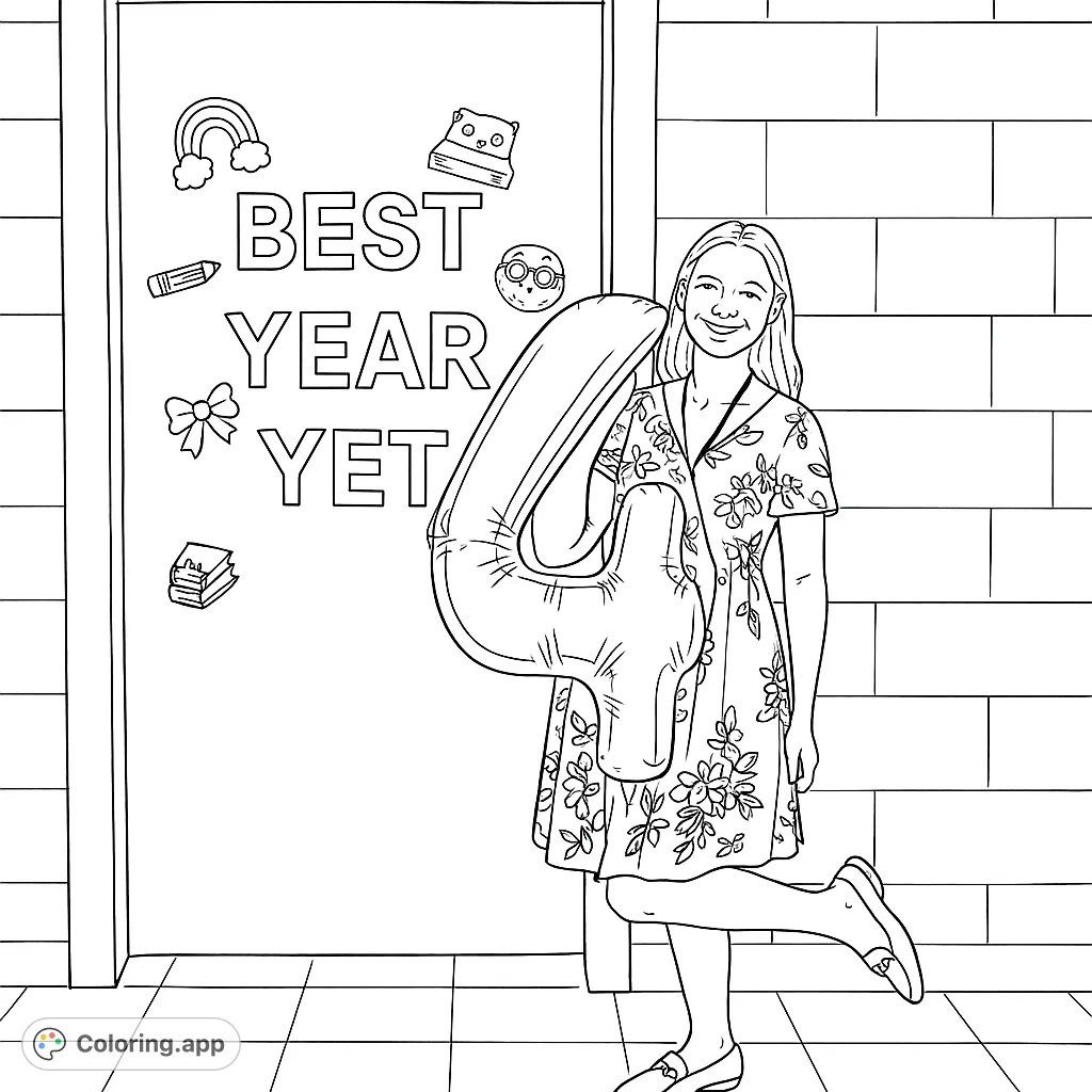 Celebrate achievements with this fun coloring page featuring a person holding a number 4 balloon in front of a decorated door. Perfect for milestones!