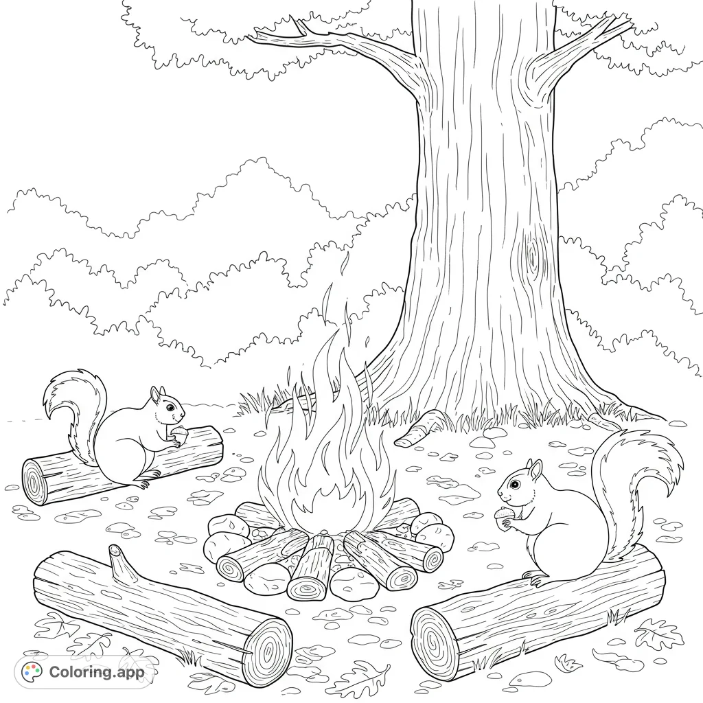 A cozy camping scene featuring a crackling campfire, playful squirrels, and a majestic big tree, perfect for a nature-themed coloring page.