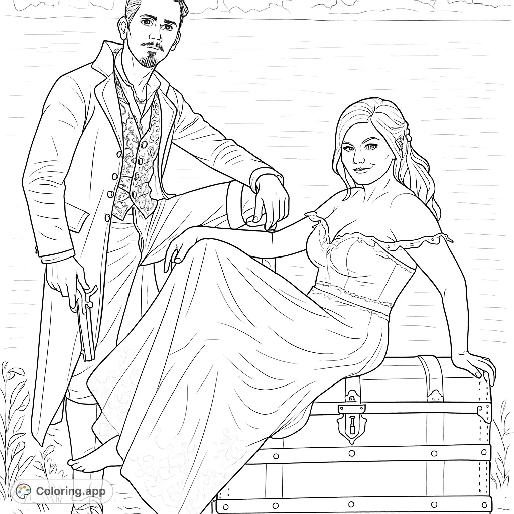 An enchanting fantasy couple in detailed attire poses by a tranquil lake, featuring a man with a long coat and a woman in a flowing lace dress on a vintage trunk.