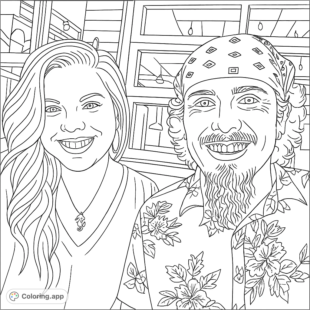 A cheerful portrait of two smiling individuals, perfect for personalizing with your favorite shades. Features detailed hair, accessories, and patterned clothing.