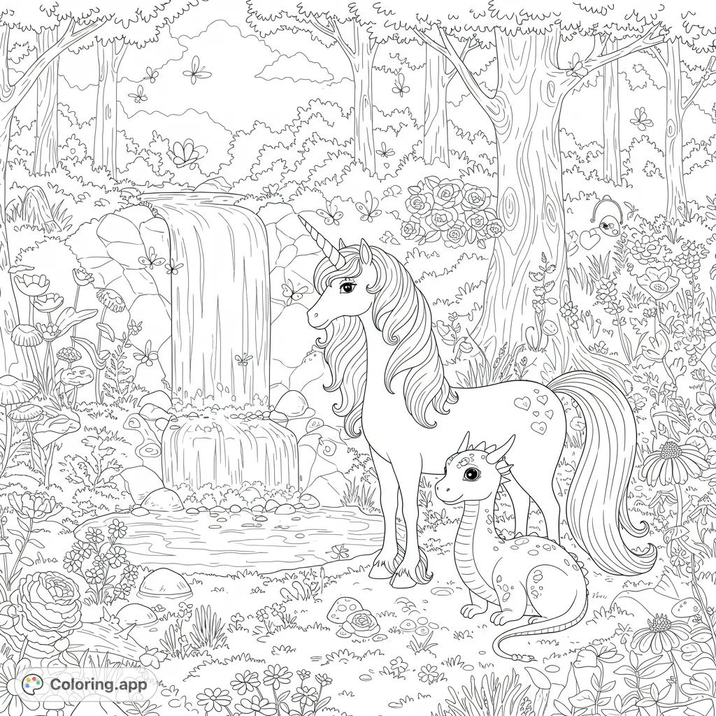 Enter a whimsical forest where a friendly unicorn and dragon share a magical moment by a waterfall, surrounded by fluttering butterflies and floating hearts.