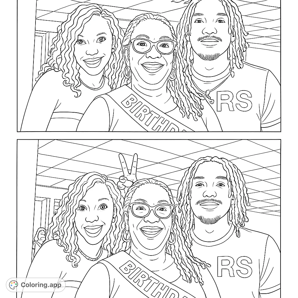 Celebrate a special birthday with this fun portrait featuring three smiling individuals, perfect for personalizing and bringing to life with your favorite colors.