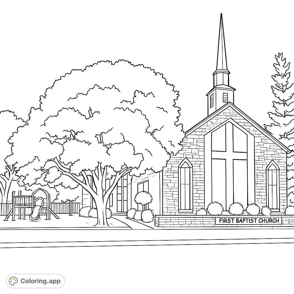 Color a serene community church building with a tall steeple, detailed stone facade, and surrounding trees. A peaceful architectural scene.