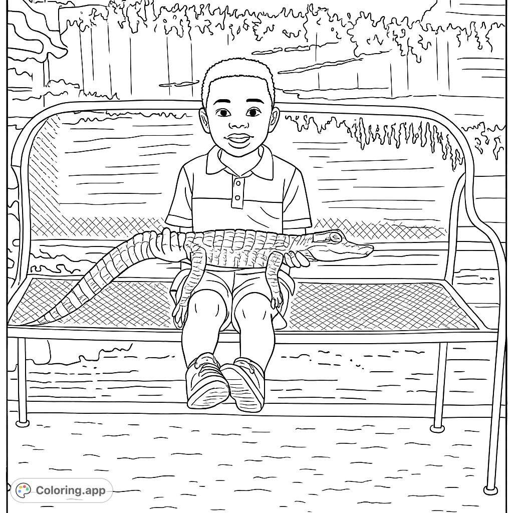 A charming coloring page featuring a young boy gently holding a small alligator while seated on a metal bench, perfect for animal lovers.