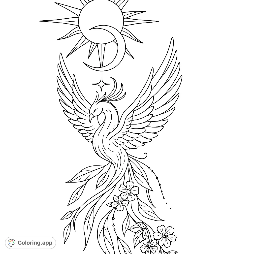 Unleash your creativity with this intricate phoenix coloring page, featuring celestial sun and moon elements, flowing feathers, and delicate floral details.
