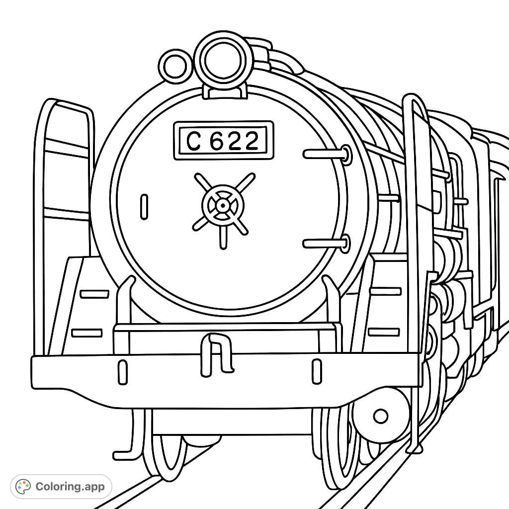 Detailed steam locomotive front view, perfect for train enthusiasts to color and bring to life. A classic engine awaits your creative touch!