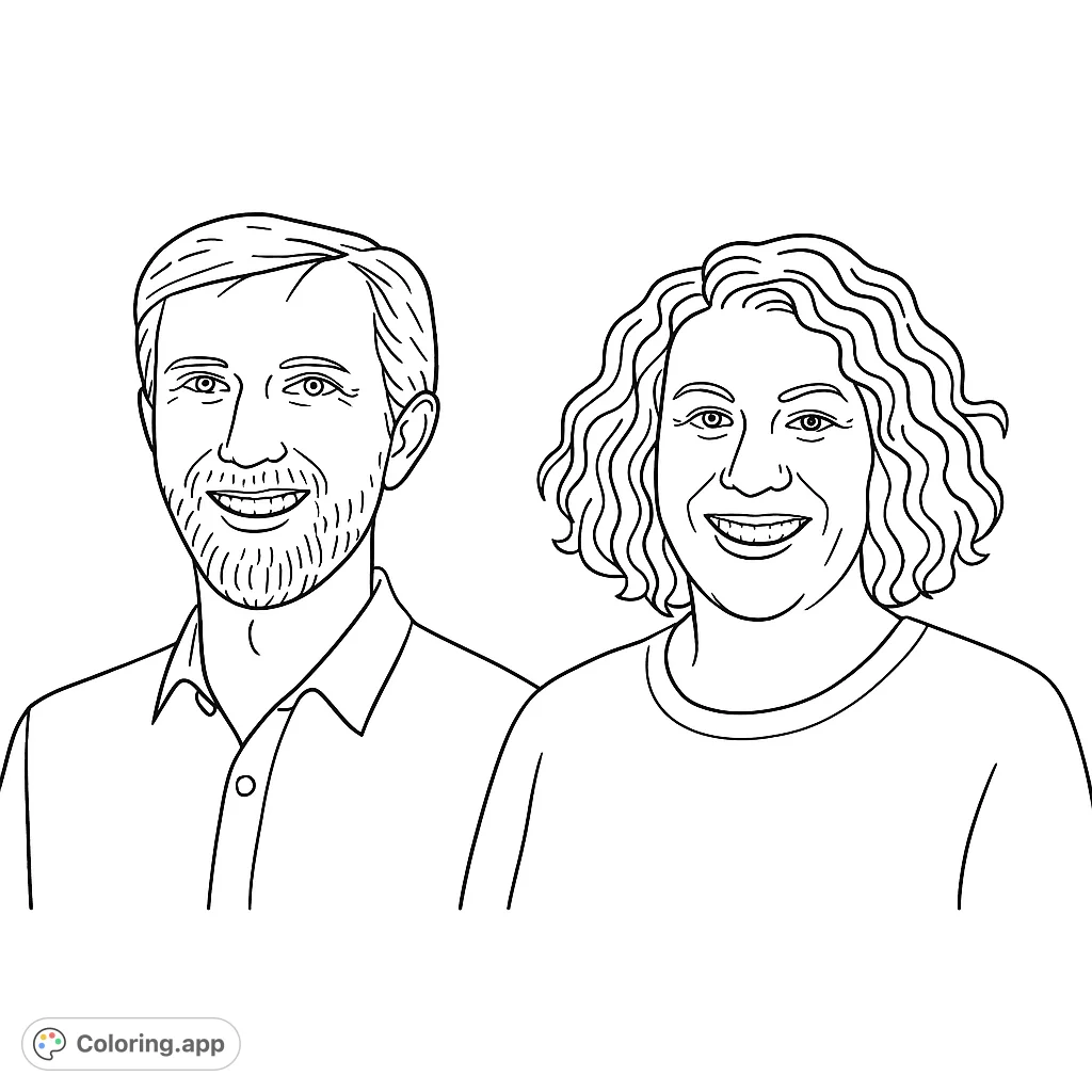 A cheerful coloring page featuring two smiling individuals, a a man with a beard and a woman with curly hair, ready for your creative touch.