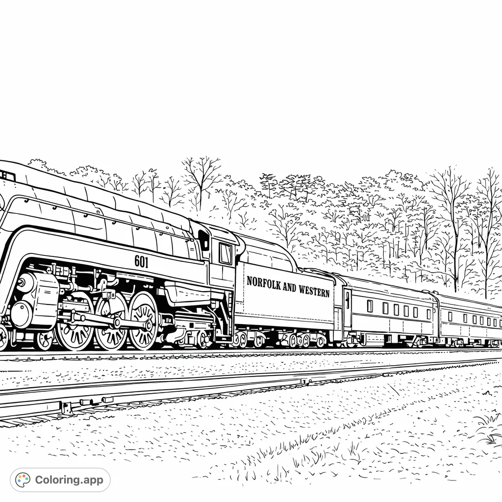 Color a magnificent streamlined steam locomotive, numbered 601, pulling passenger cars on railroad tracks against a scenic backdrop.