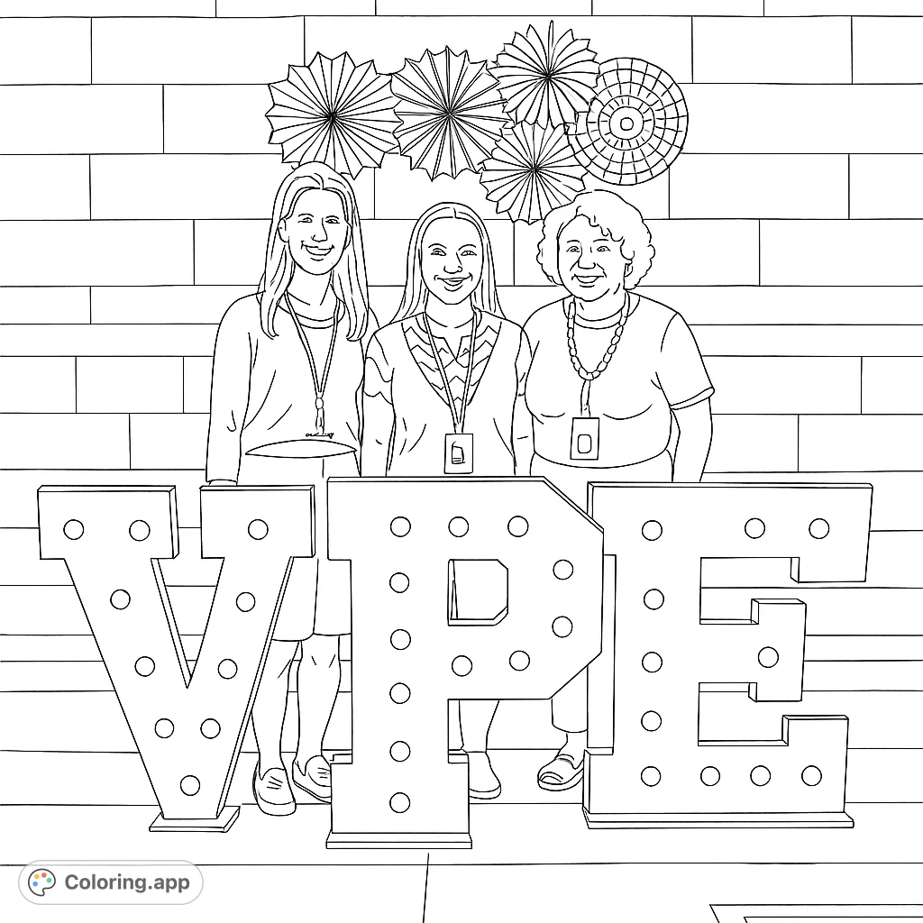 Celebrate school spirit with this VPE team portrait coloring page. Features three smiling women and large marquee letters.