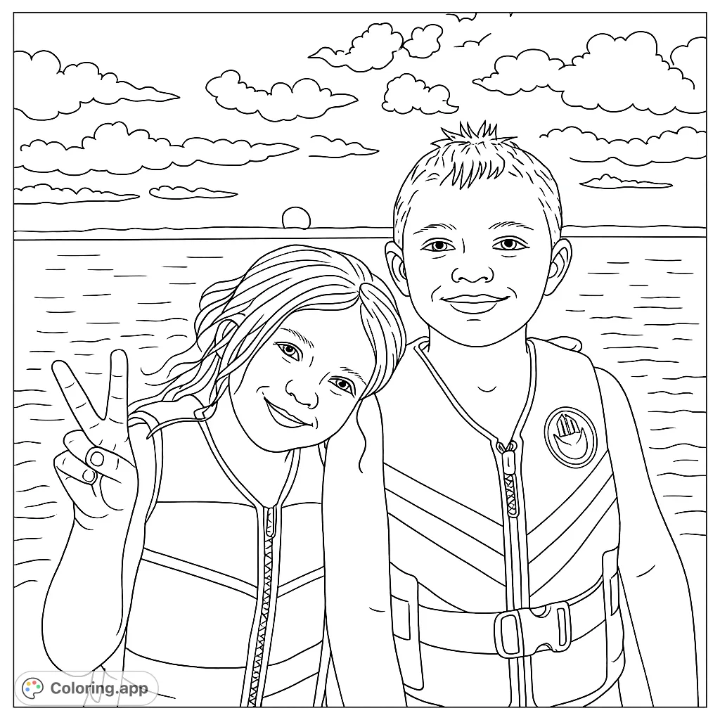 Two happy children in life vests by the water at sunset, ready for a fun coloring adventure. Perfect for kids and families.