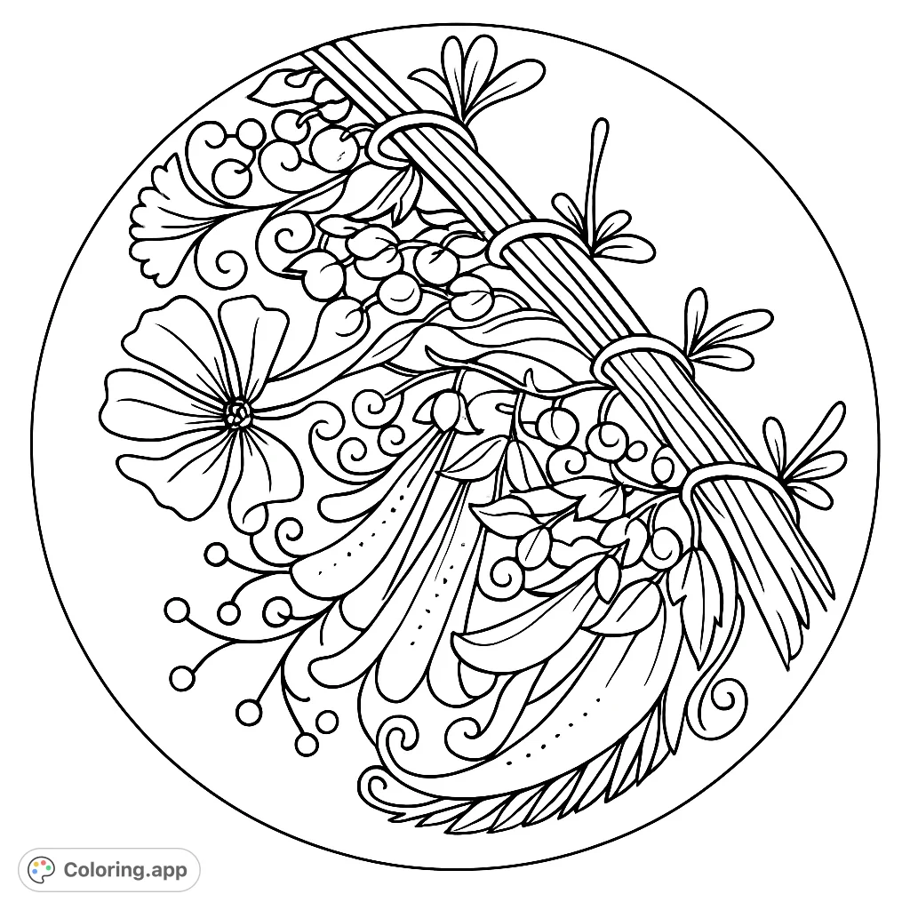 An intricate botanical design featuring a central branch, detailed flowers, and clusters of berries, perfect for a relaxing coloring experience.