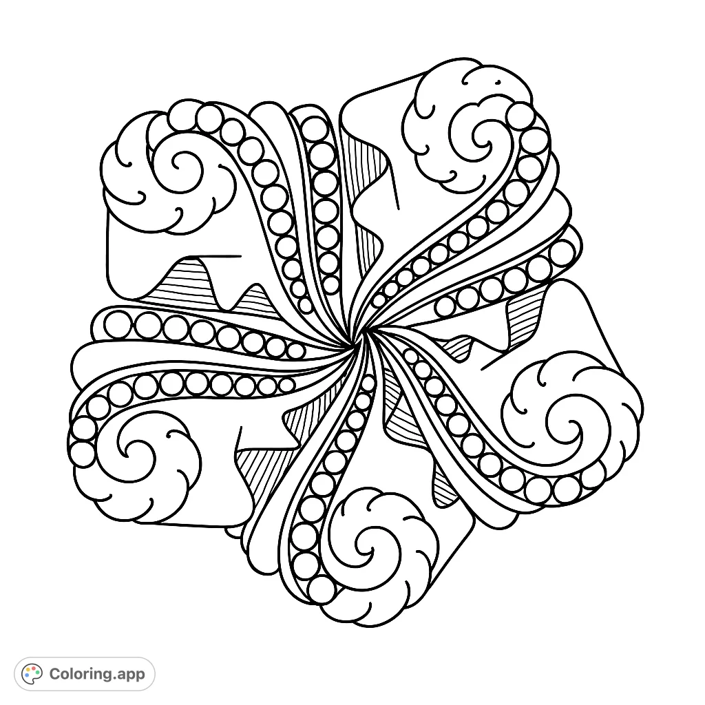 An intricate radial design featuring swirling patterns and beaded lines, perfect for a meditative coloring experience. A complex abstract art piece.