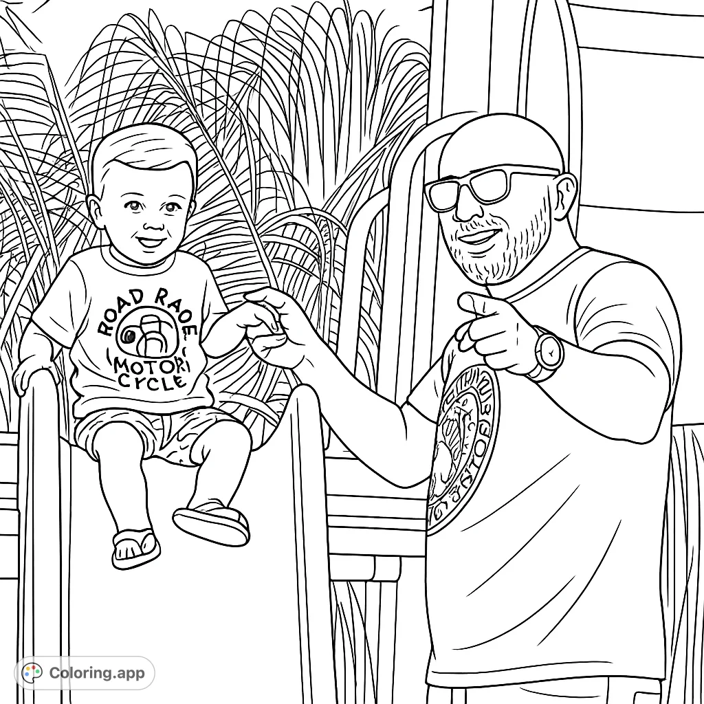 Capture a heartwarming moment of a child and adult enjoying a playground slide. A delightful scene for all ages, perfect for family-themed coloring.