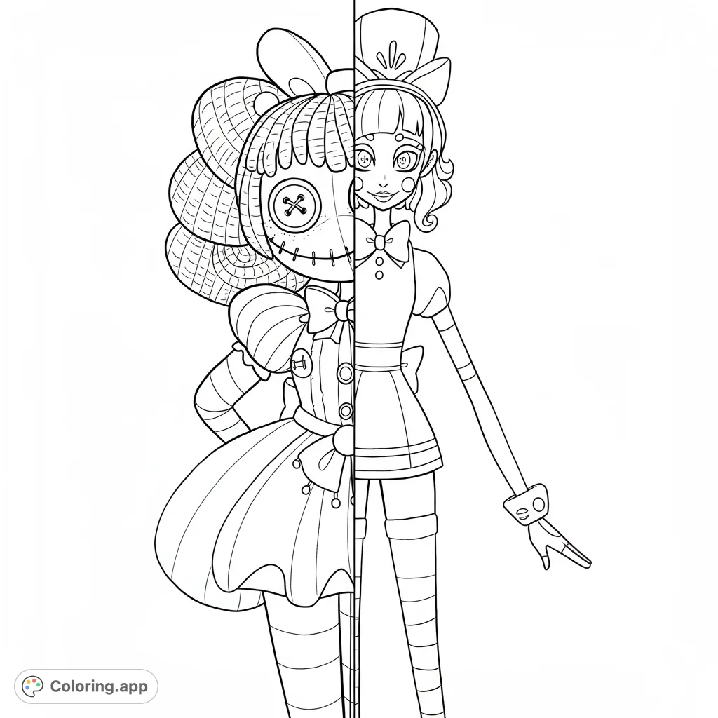 Explore a unique split portrait featuring Ragatha from Digital Circus and Miss Delight from Poppy Playtime, merging two distinct characters in one captivating design.