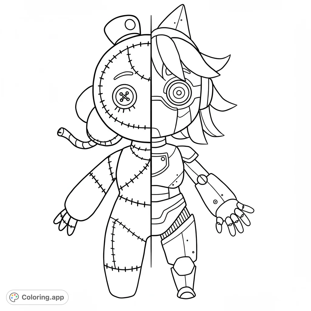 Explore the unique Ragatha Dual Form coloring page, featuring the beloved Digital Circus character split between her classic fabric doll and a detailed robotic self.