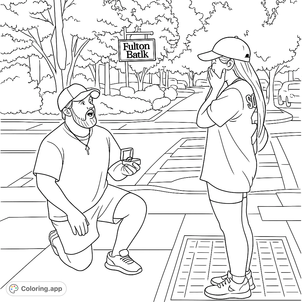 Capture a heartfelt proposal scene on a city sidewalk. A man kneels, presenting a ring, as a woman reacts with surprise and joy.