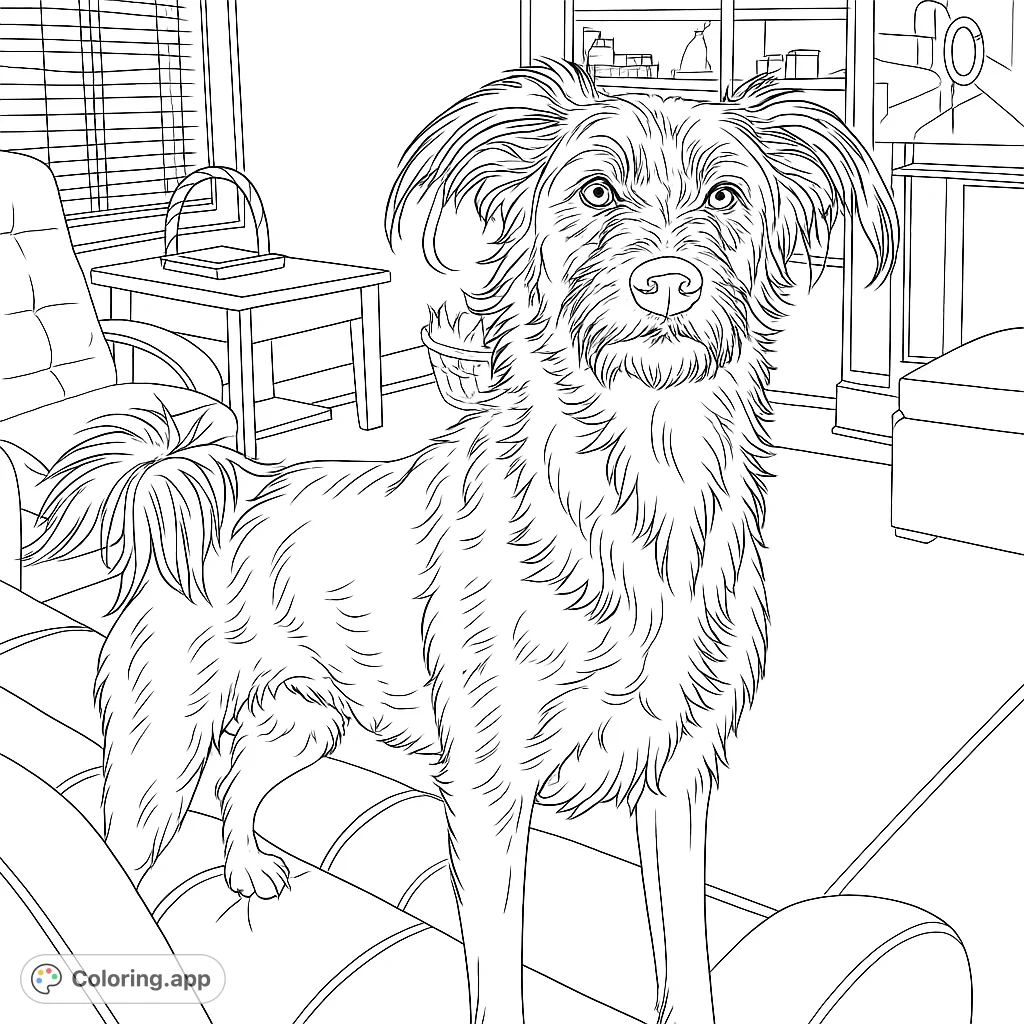 A charming shaggy dog stands attentively in a cozy home setting, perfect for animal lovers to bring to life with their favorite colors.
