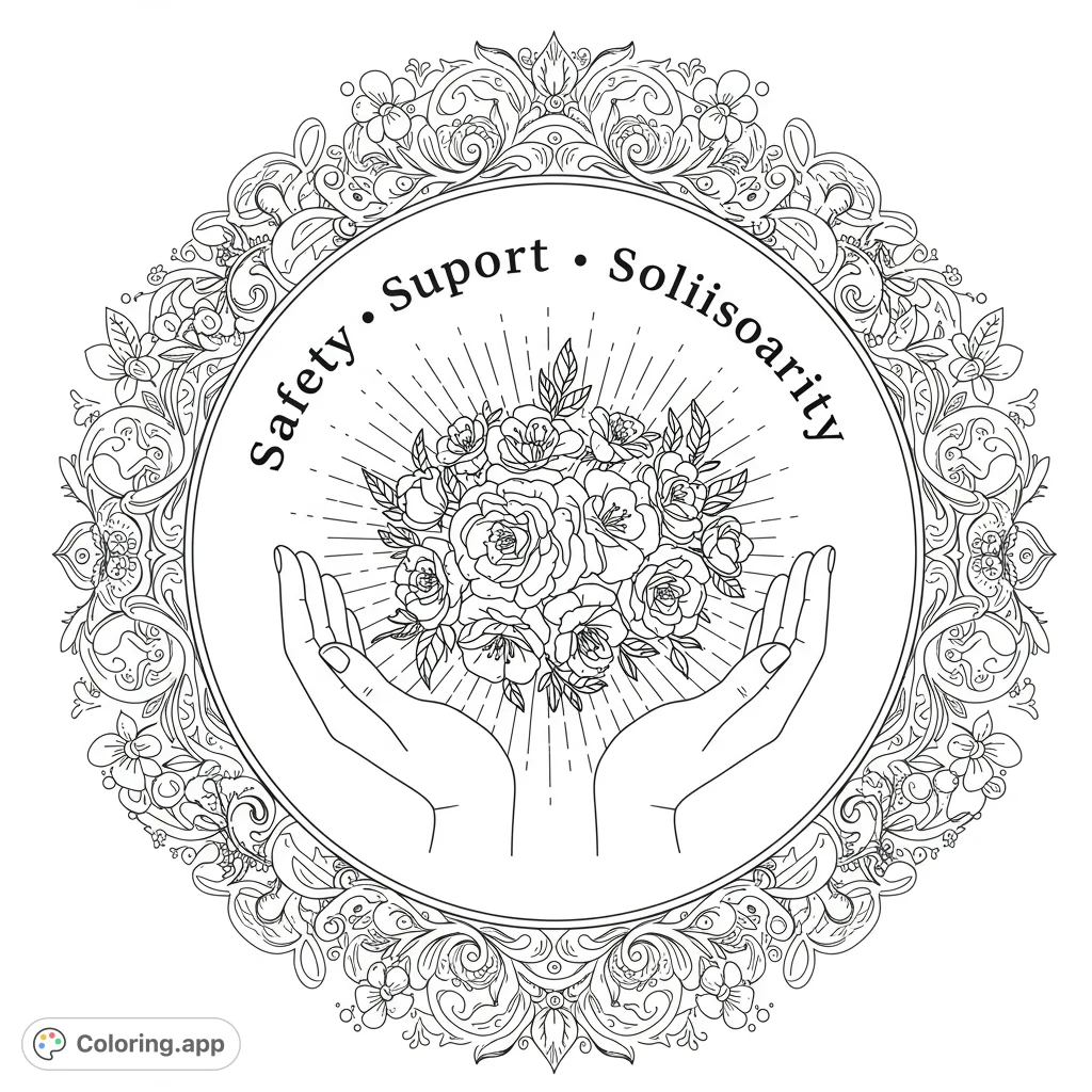 A powerful solidarity coloring page featuring hands cupping flowers, framed by intricate vines and geometric patterns, symbolizing safety, support, and community.
