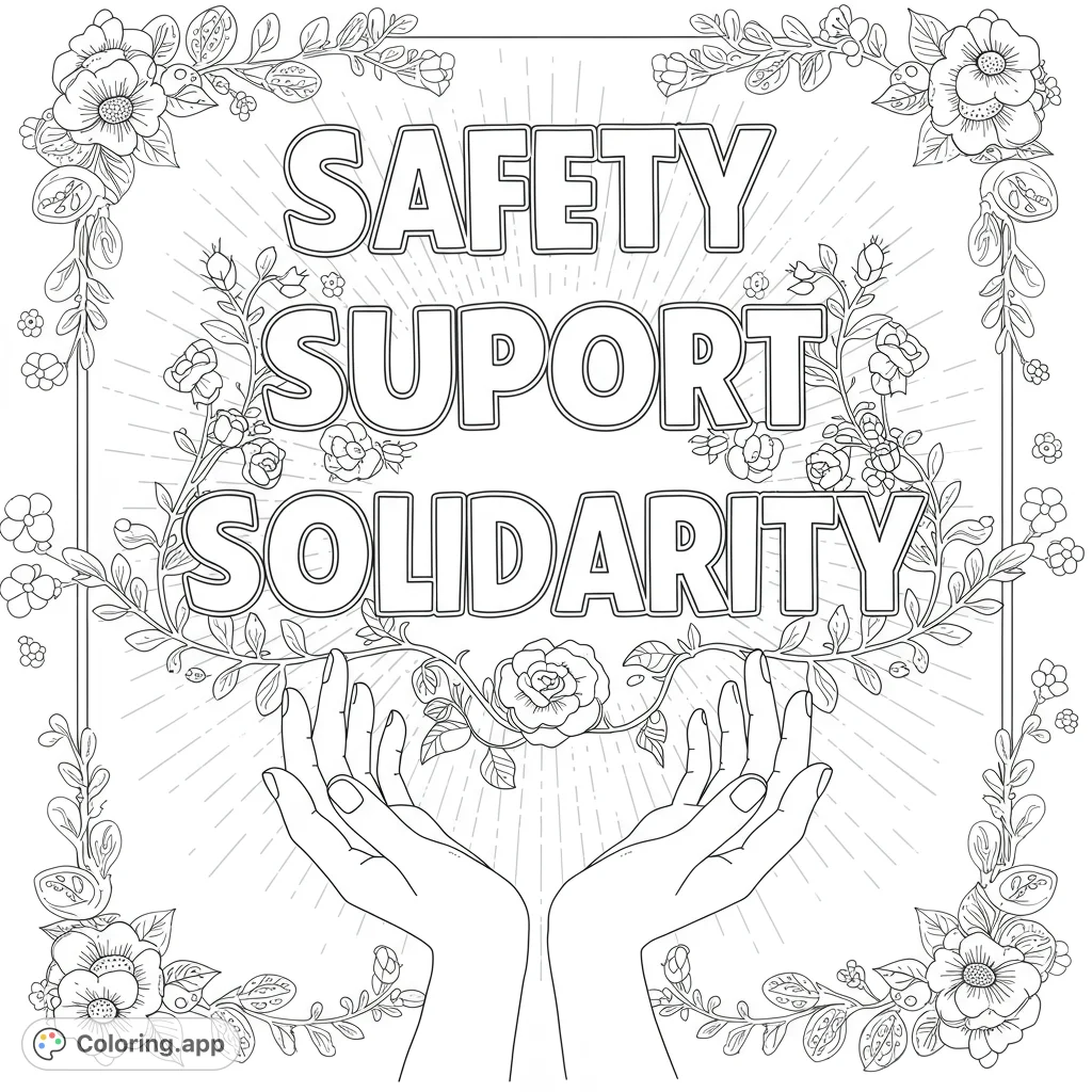 A powerful solidarity coloring page featuring the words 'Safety • Support • Solidarity' entwined with delicate vines, hands, and geometric patterns.