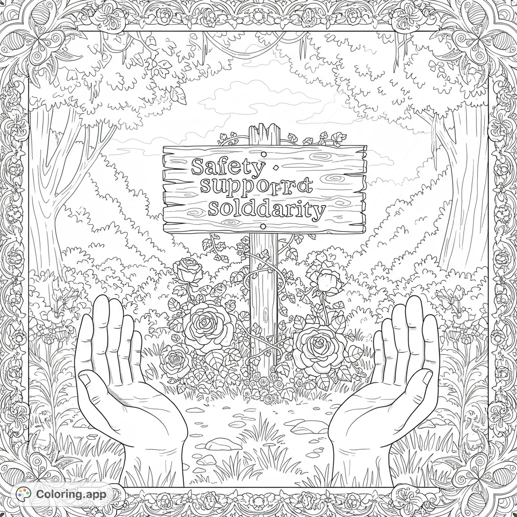 Discover a tranquil clearing with a carved sign, stone hands, and climbing vines, framed by decorative florals. A symbol of safety and solidarity.
