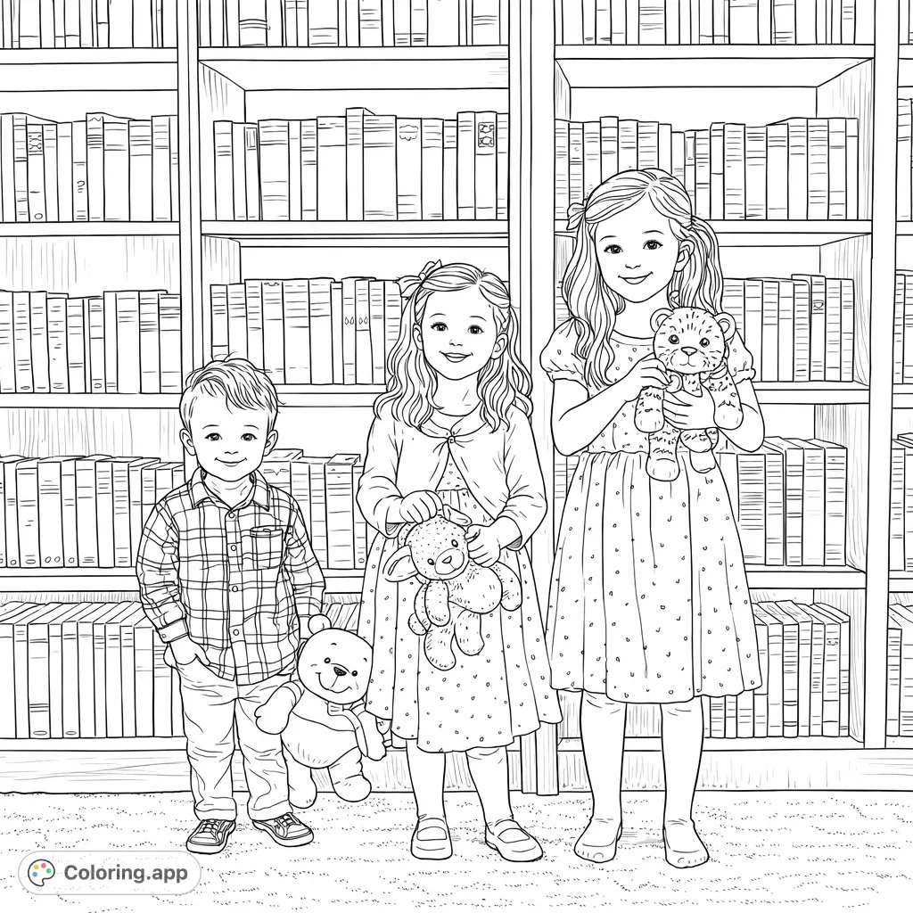 Three cheerful children with their beloved stuffed animals stand before a grand bookshelf, inviting imaginative coloring adventures. A charming scene for all ages.