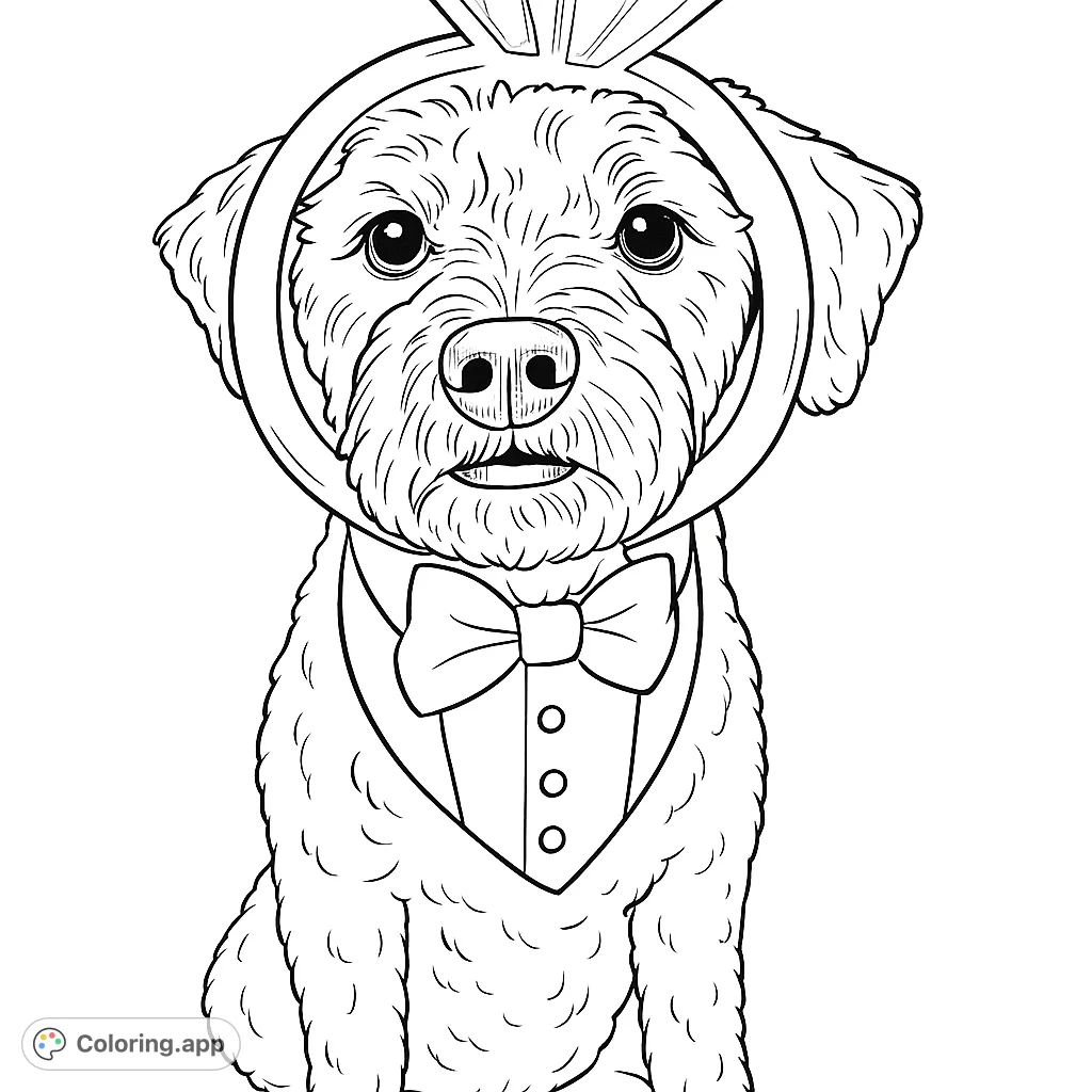 A charming curly-haired dog in a tuxedo, sporting a large ring prop. Perfect for pet lovers and celebrations.