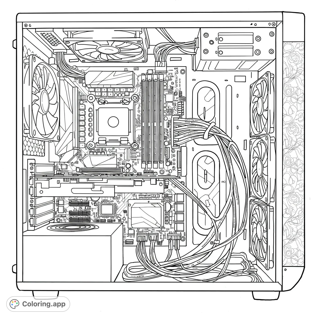 Explore the intricate world inside an open computer, revealing detailed components, a large fan, and a tangle of electrical wires.