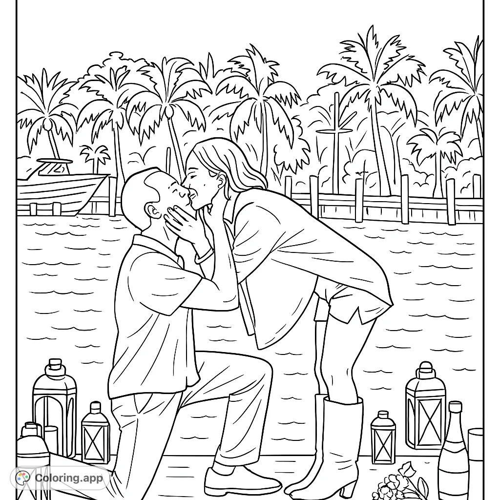 Capture a heartfelt moment of a romantic proposal on a dock, surrounded by lanterns and a scenic waterfront. A beautiful love story to color.