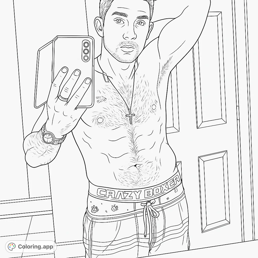Color a detailed mirror selfie of a man, showcasing his physique and a realistic bathroom setting. Perfect for adult colorists.
