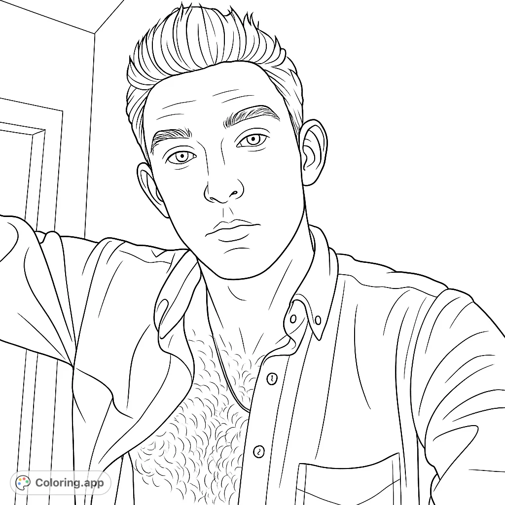 Color a striking portrait of a man in a casual, unbuttoned shirt, featuring detailed hair and a textured chest. Perfect for expressive coloring.